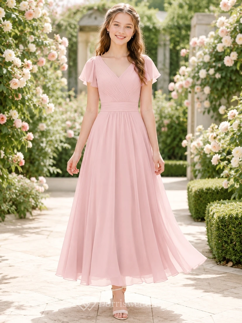 Romantisches, rosafarbenes Brautjungfernkleid für junge Frauen, A-Linie, V-Ausschnitt, kurze Ärmel, Teelänge, Chiffon