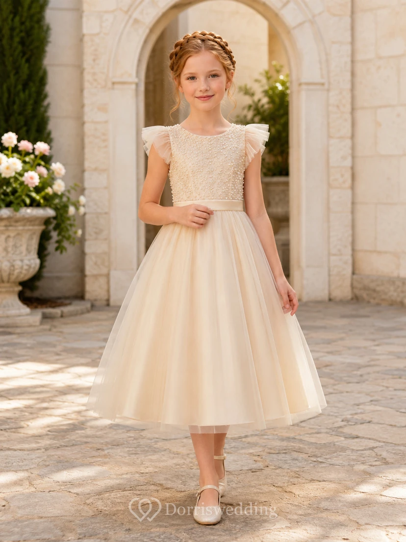 Perlenbesetztes Rüschenärmel-Tüllkleid in Teelänge und A-Linie für Blumenmädchen-Hochzeiten im Freien im Garten
