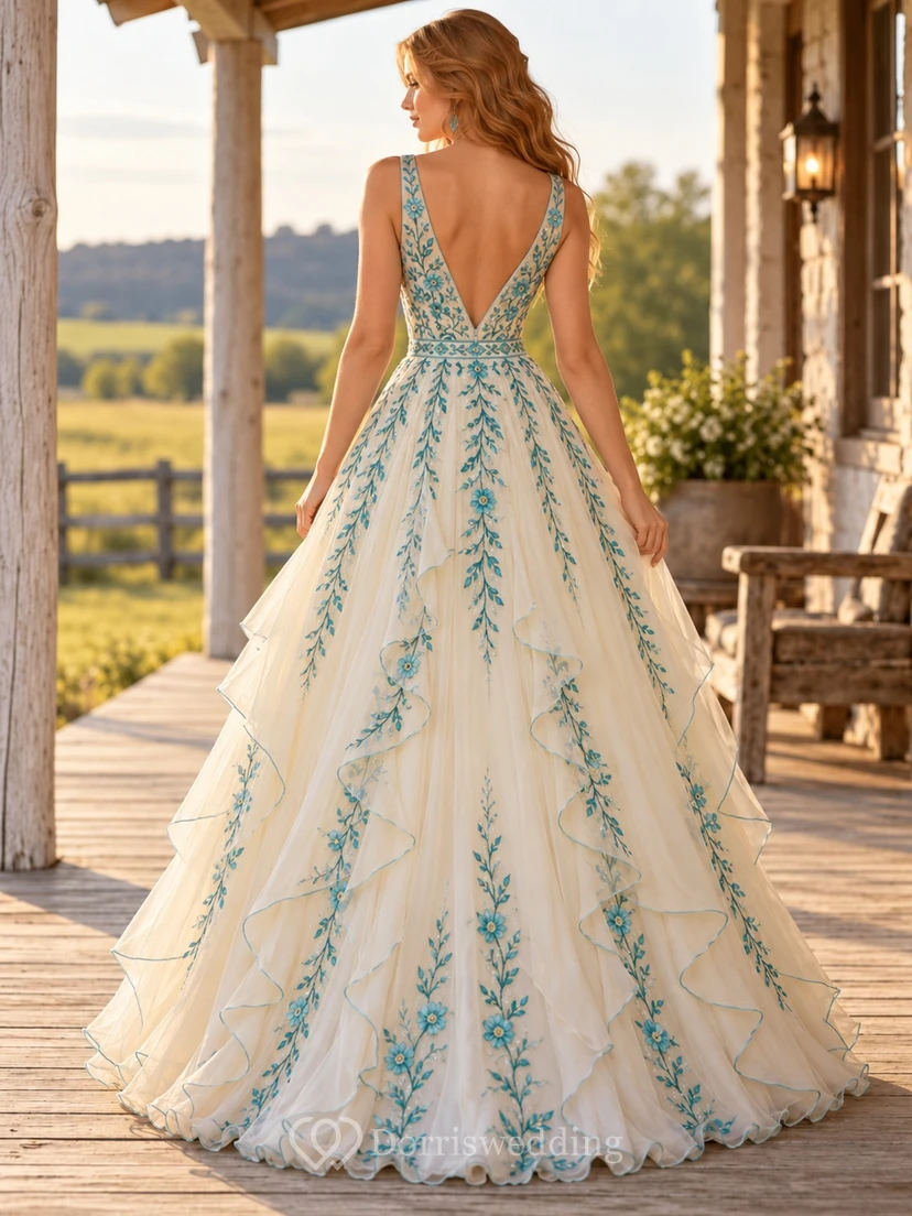 Western Country Cream Turquoise Floral V-Neck Tulle Prom Dress view 2