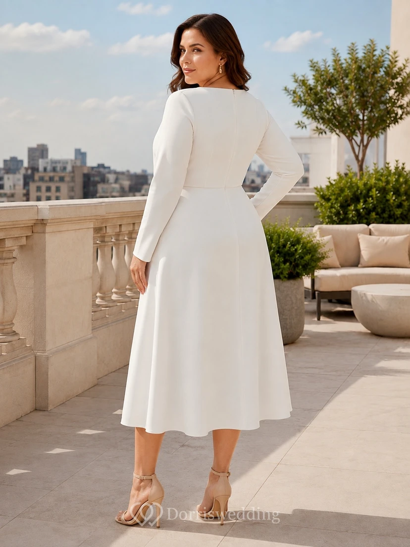 Plus Size White High Neck Long Sleeve Sheath Midi Dress view 2