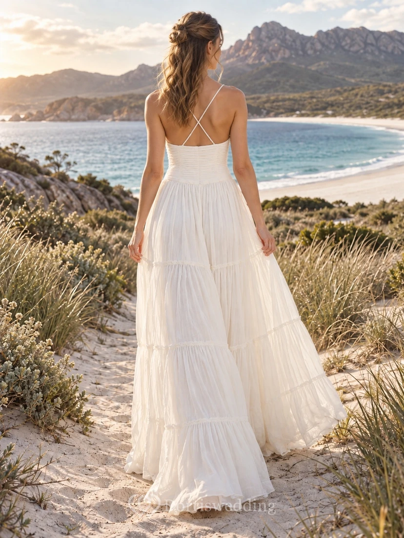Simple Square Spaghetti Tiered A-Line Ankle-Length Beach Wedding Dress view 2
