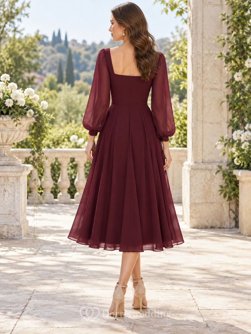 Long Sleeve Square Neck Burgundy Chiffon Bishop Midi Formal Dress view 2