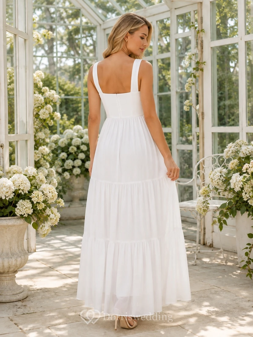 Weißes, romantisches Chiffon-Maxikleid mit eckigem Ausschnitt, Stufenrock und A-Linien-Schnitt view 2