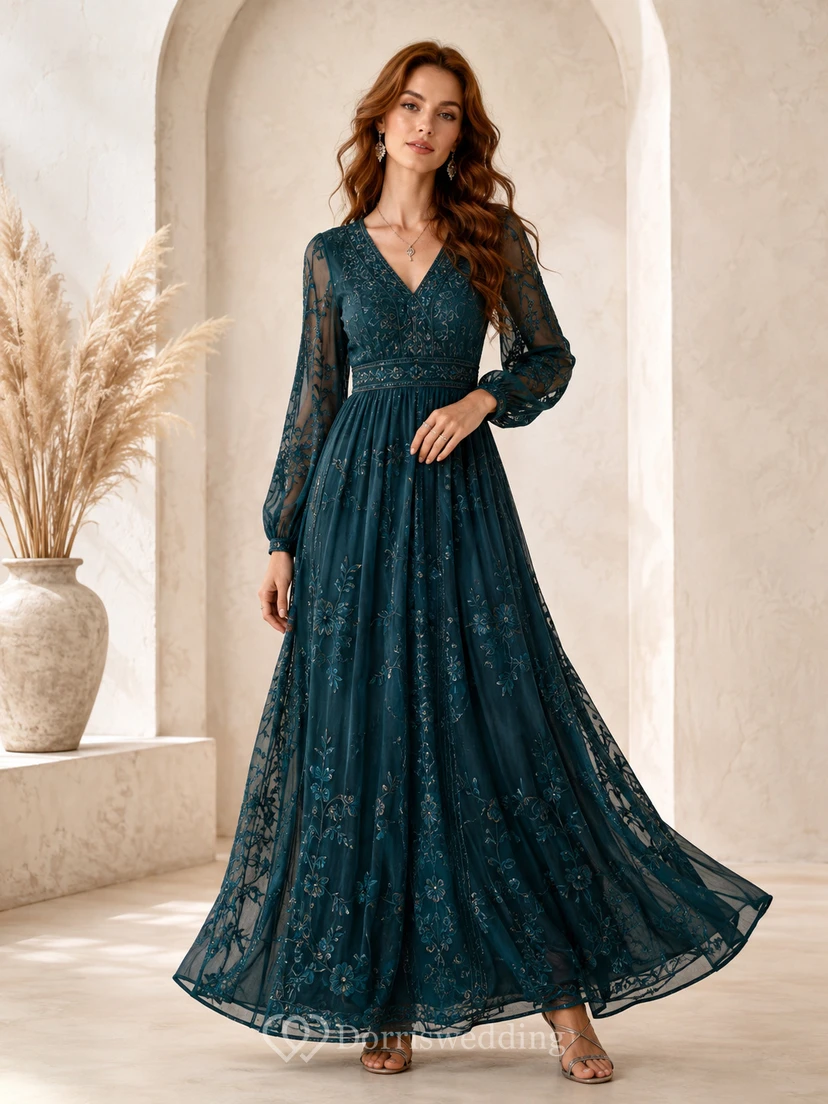 Pfauenblaues, V-Ausschnitt-Abendkleid mit Illusionseffekt, langen Ärmeln, Spitze und Falten