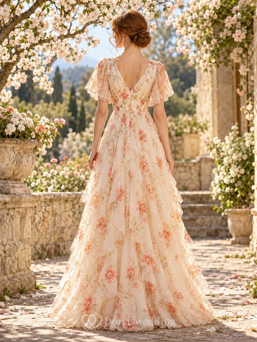 Fairy Champagne Floral V-Neck Flutter Sleeve Chiffon Long Guest Dress view 2