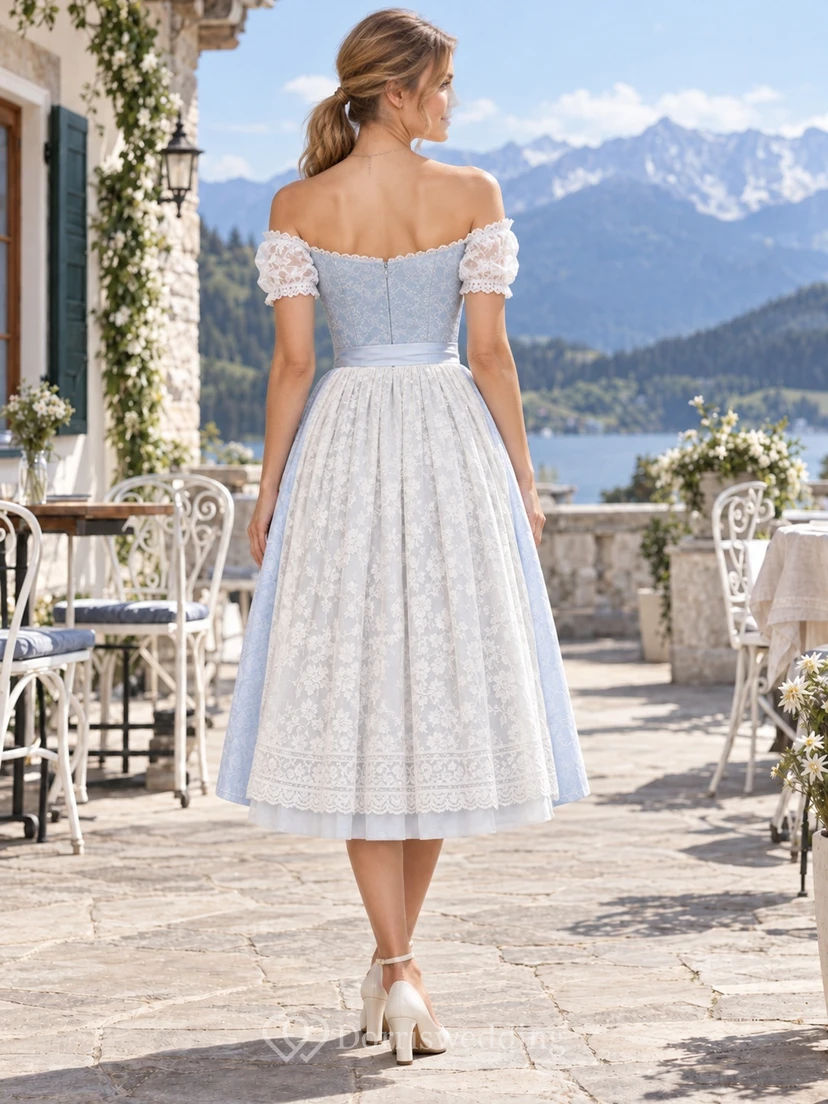 Vintage Country Dirndlkleid in Himmelblau, schulterfrei, Spitze, Teelänge view 2