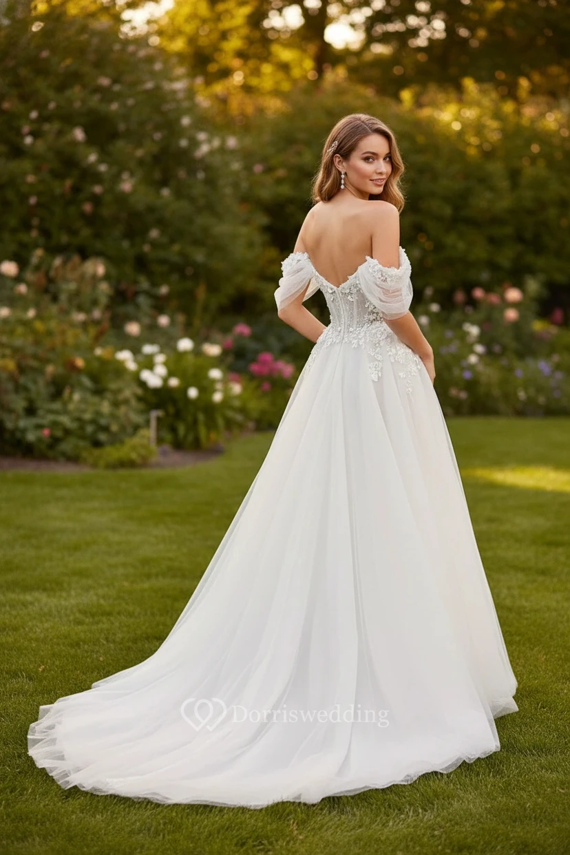 Off-the-Shoulder Lace A-line Ball Gown Wedding Dress view 2