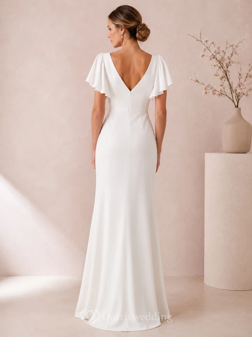 Weißes, schlichtes, bodenlanges Jersey-Abendkleid mit V-Ausschnitt, flatternden Ärmeln view 2