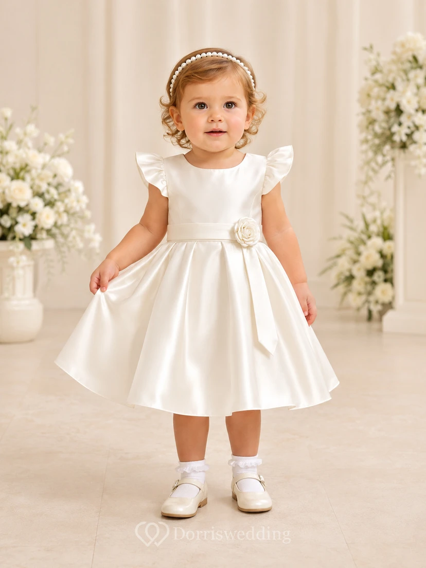 Short Sleeve Baptism Dress A-Line Satin Jewel Neck Waist Flower Bow Back