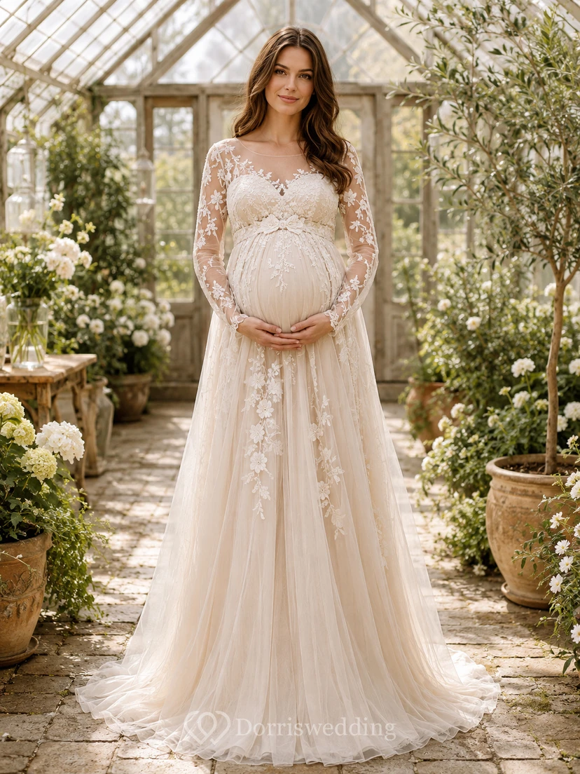 Vestido de novia premamá con cuello alto, efecto ilusión, manga larga, encaje, estilo jardín, con cola.