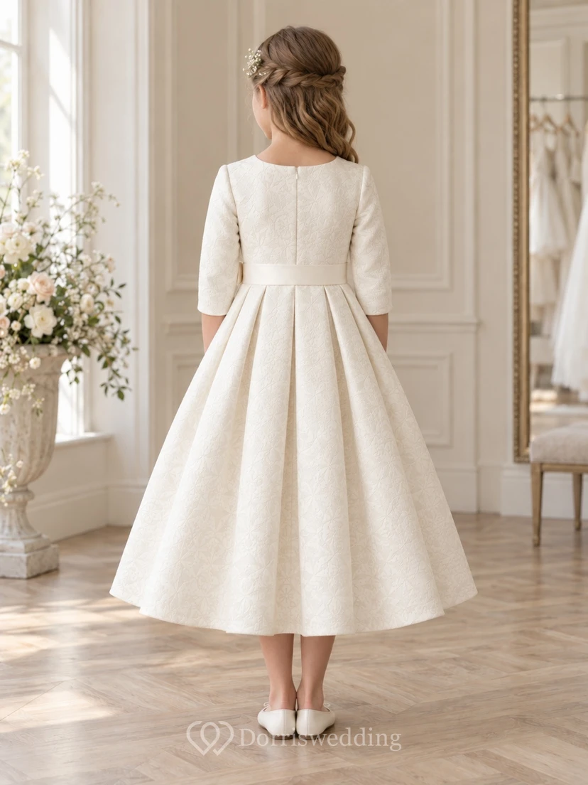 Tea-length Vintage Ivory A-line Floral Textured Three-quarter-sleeve Pleated Flower Girl Dress view 2