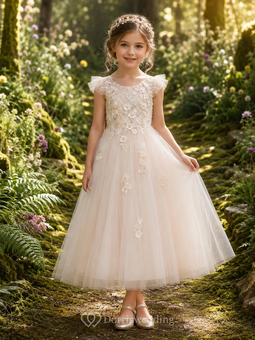 Flower Girl Dress Blush Satin A-Line Short Sleeve Jewel Neck Tea Length Bow Detail
