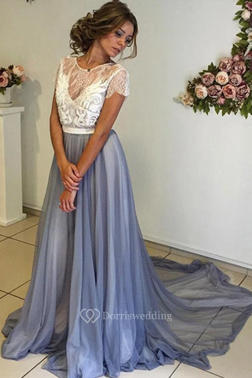 A-Line Chiffon Lace Jewel Short Sleeve Low-V Back Dress