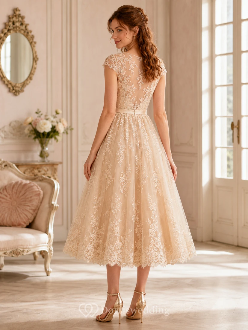 Heirloom Tea Champagne A-Line Bateau Short-Sleeve Lace Vintage Guest Dress view 2