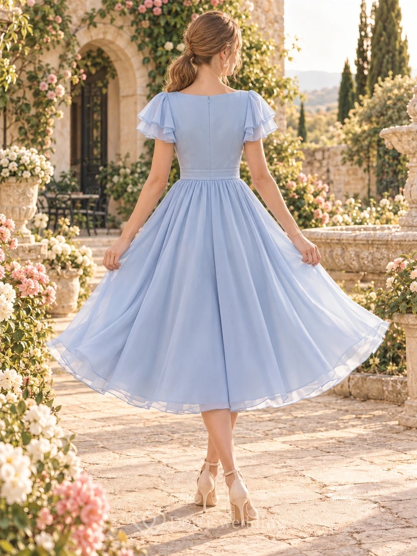 Robe de bal modeste en mousseline bleu ciel, longueur thé, col rond et manches à volants view 2