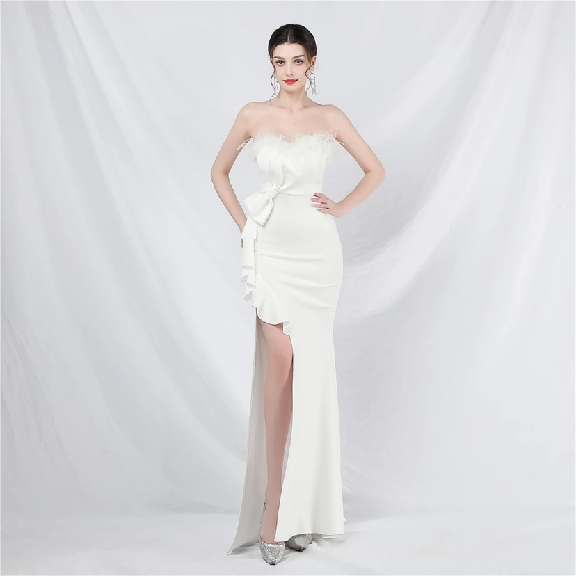 Crafted Custom-Made Ostrich Hair Off-Shoulder Tube Top Dinner Celebration Wedding Dress view 28