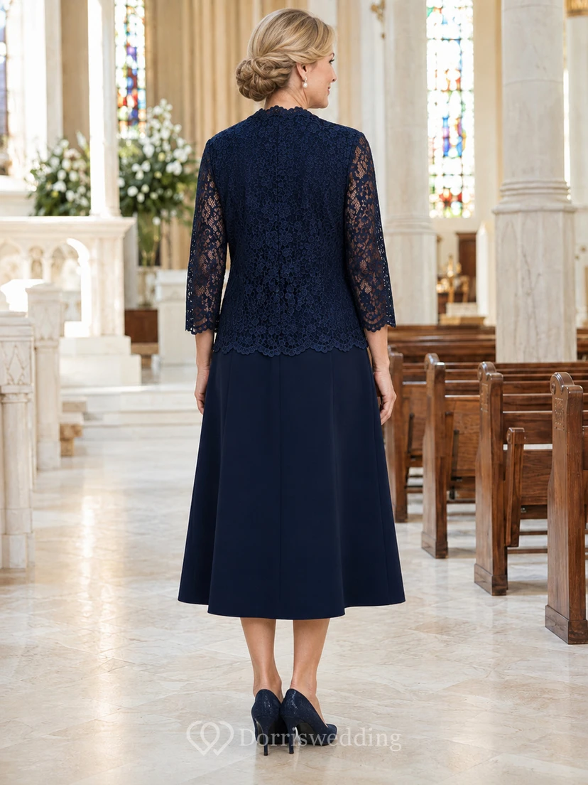 Navy Lace Jacket Knee Length Mother Formal Dress view 2