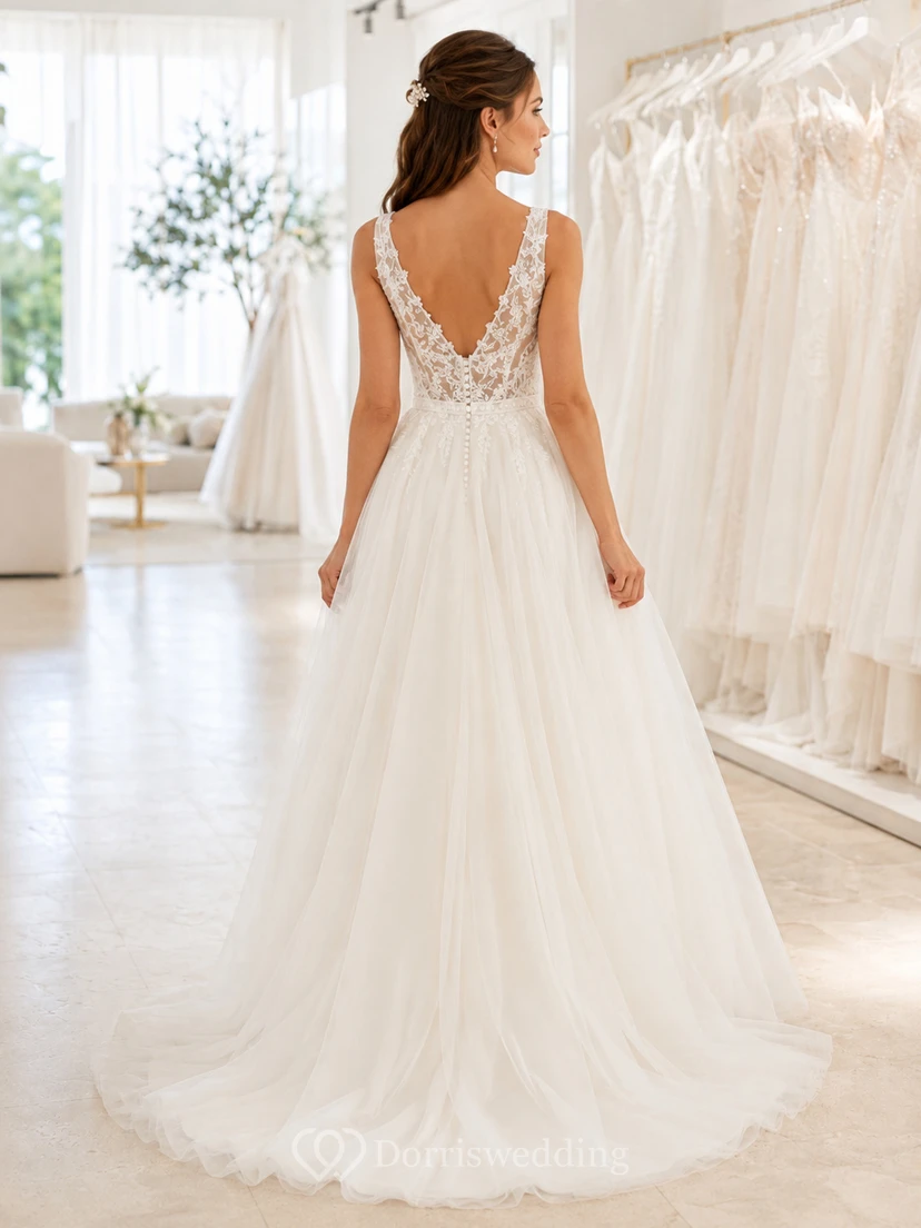 Budget V-Neck Lace Bodice Tulle A-Line Bridal Gown view 2