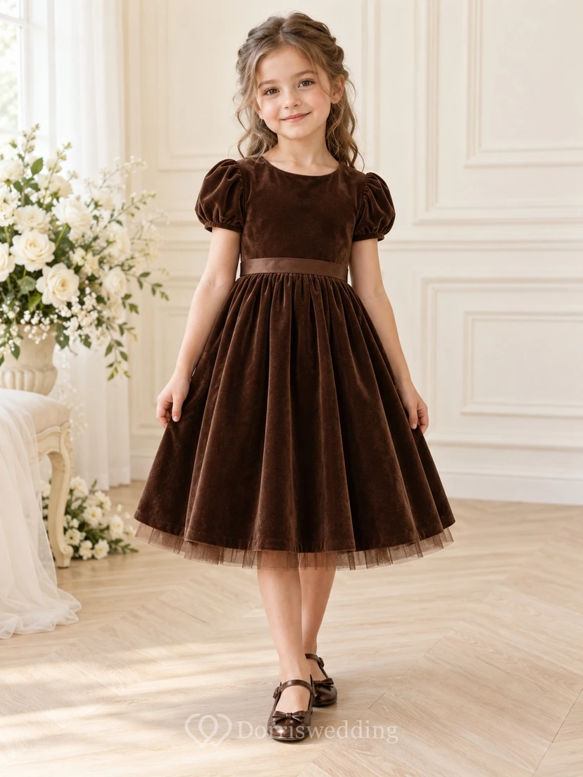 Tea-length Brown A-line Velvet Satin Tulle Puff-sleeved Scoop-neck Back-bowed Gathered Flower Girl Dress