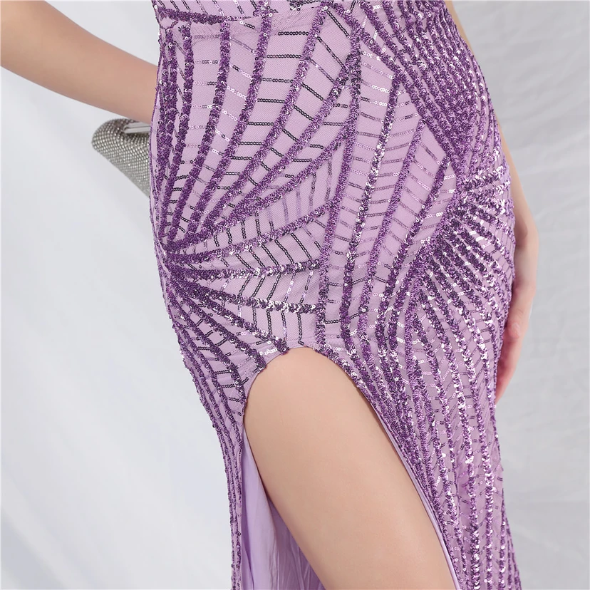 Robe de soirée longue à bretelles en maille transparente ornée de perles et de sequins view 54