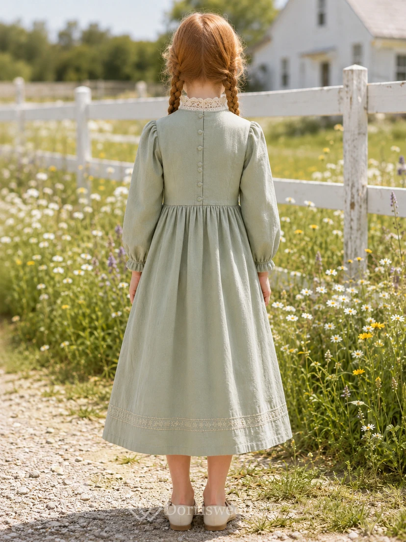 Salbeigrünes Satin-Blumenmädchenkleid in A-Linie, langärmelig, mit Rundhalsausschnitt, teelang, plissiert view 2