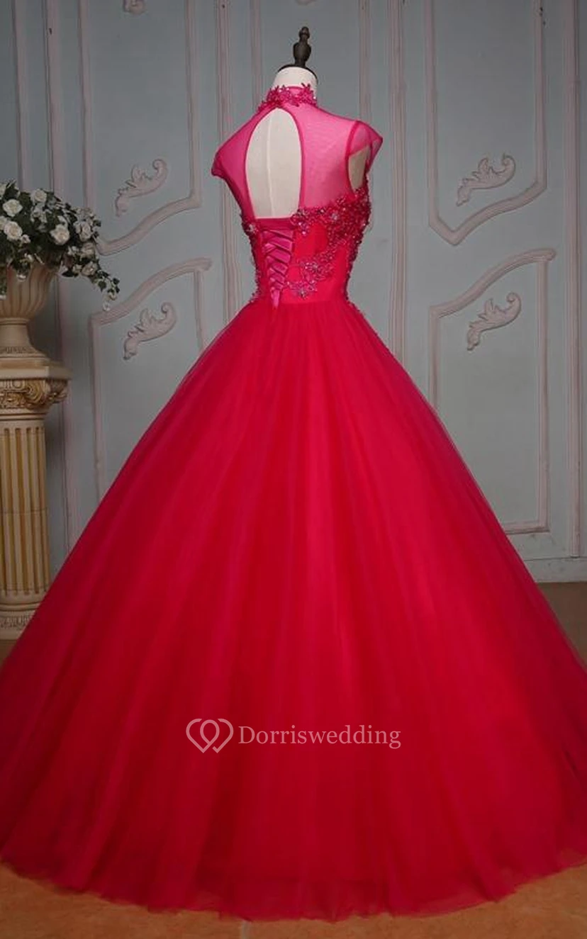 Ball Gown Floor-Length High Neck Bell Cap Beading Appliques Corset Back Tulle Lace Dress view 2