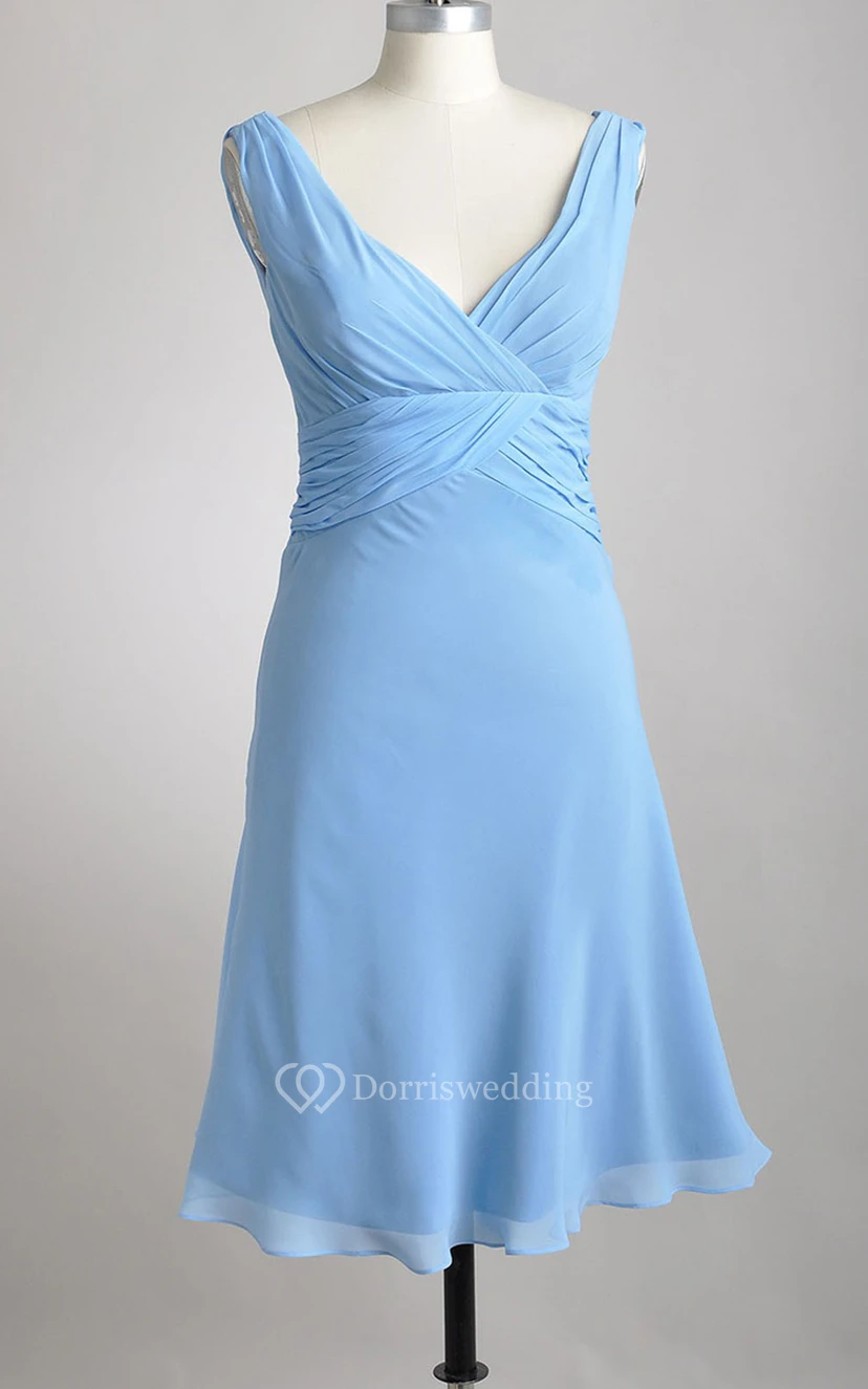 Knee-length Deep-V A-line Pleated Chiffon Teal Bridesmaid Dress