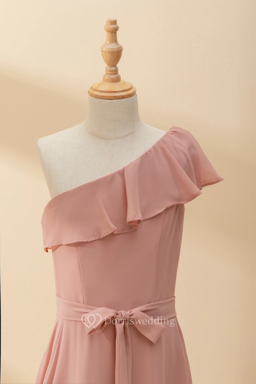 One-shoulder Asymmetrical Chiffon Pleated Floor-length Flowergirl Dress view 9