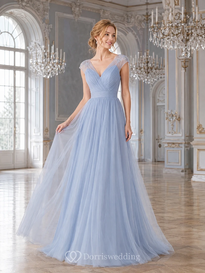 Formal Ballroom Sky Blue Romantic Elegant A-Line Tulle Bridesmaid Dress with V-Neck Sleeveless Floor-Length Low Back