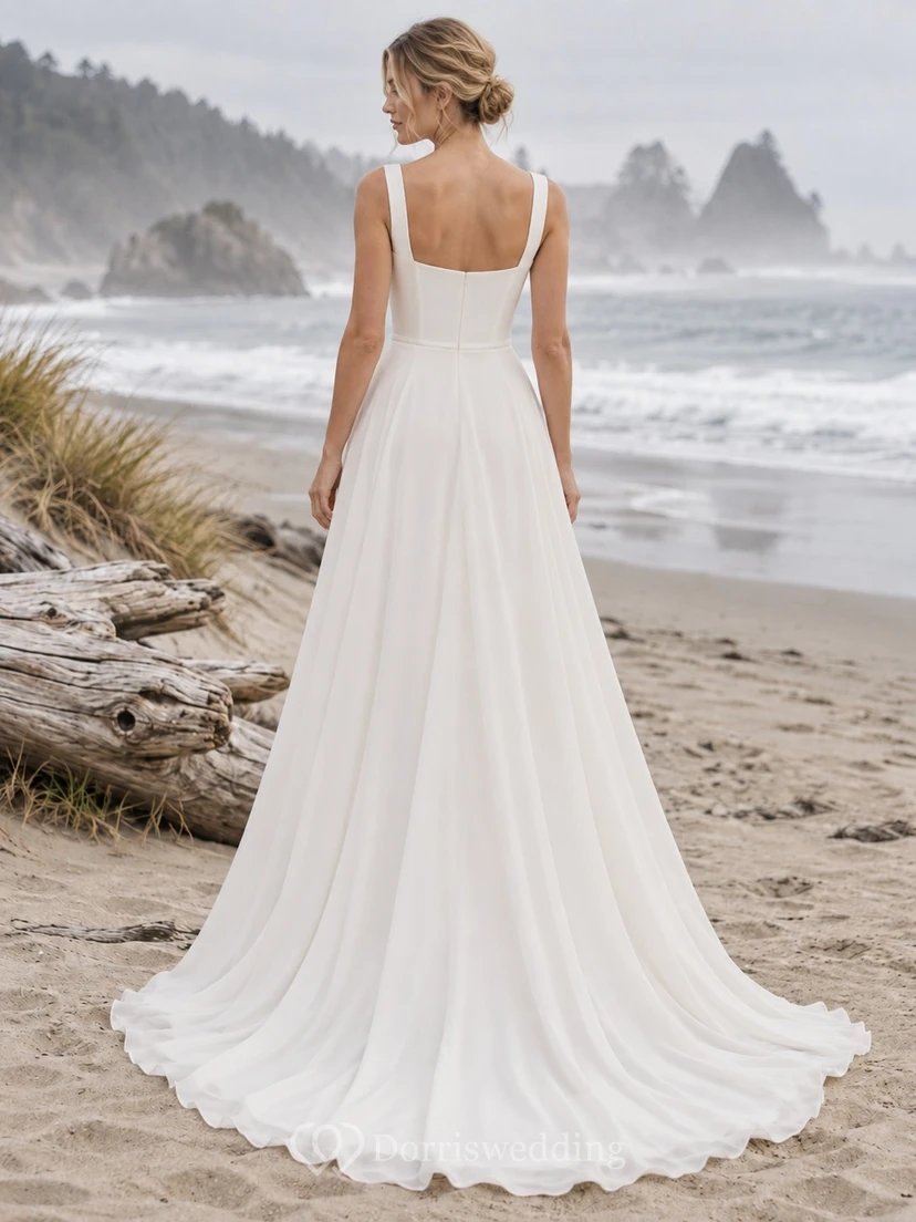 Square Neck Beach Wedding Dress with Wide Straps and Georgette A-Line Sweep Train view 2