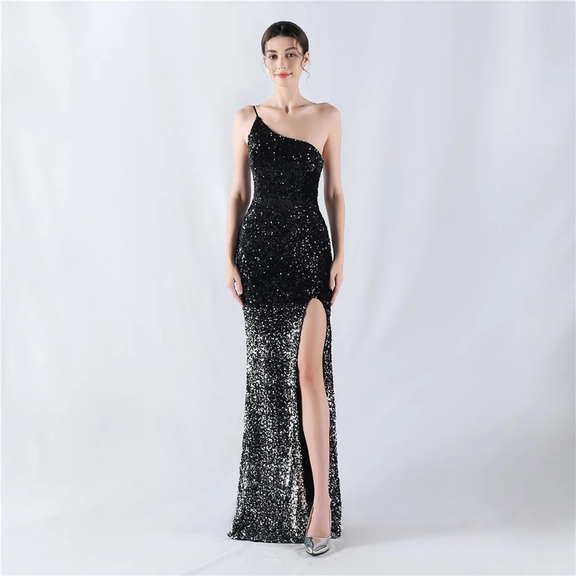 Sexy Abendkleid mit Samtsaum, Farbverlauf, Pailletten, hohem Schlitz und schräger Schulterpartie view 41
