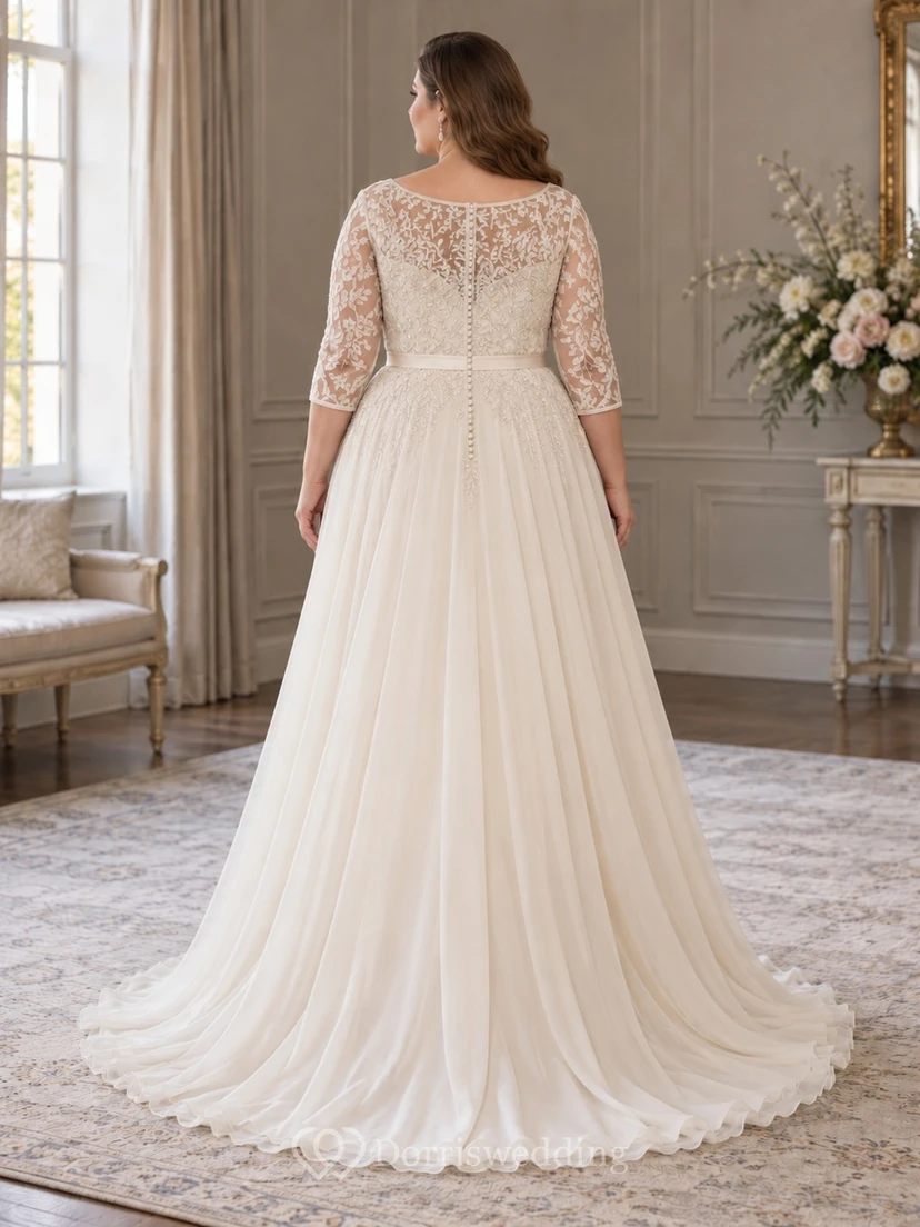 Vestido de novia de gasa con encaje y escote barco, corte en A, con mangas cortas adornadas con cuentas. view 2