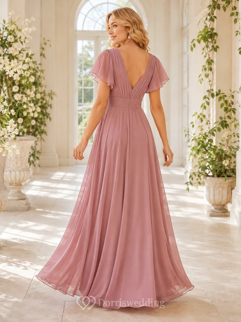 Dusty Rose Chiffon V-Neck Flutter Sleeve A-Line Floor-Length Romantic Gown view 2