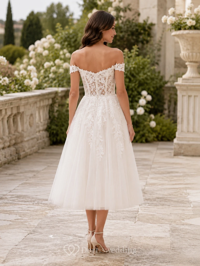Vintage Lace Tulle Wedding Dress A-Line Off Shoulder Tea Length Bridal Gown view 2