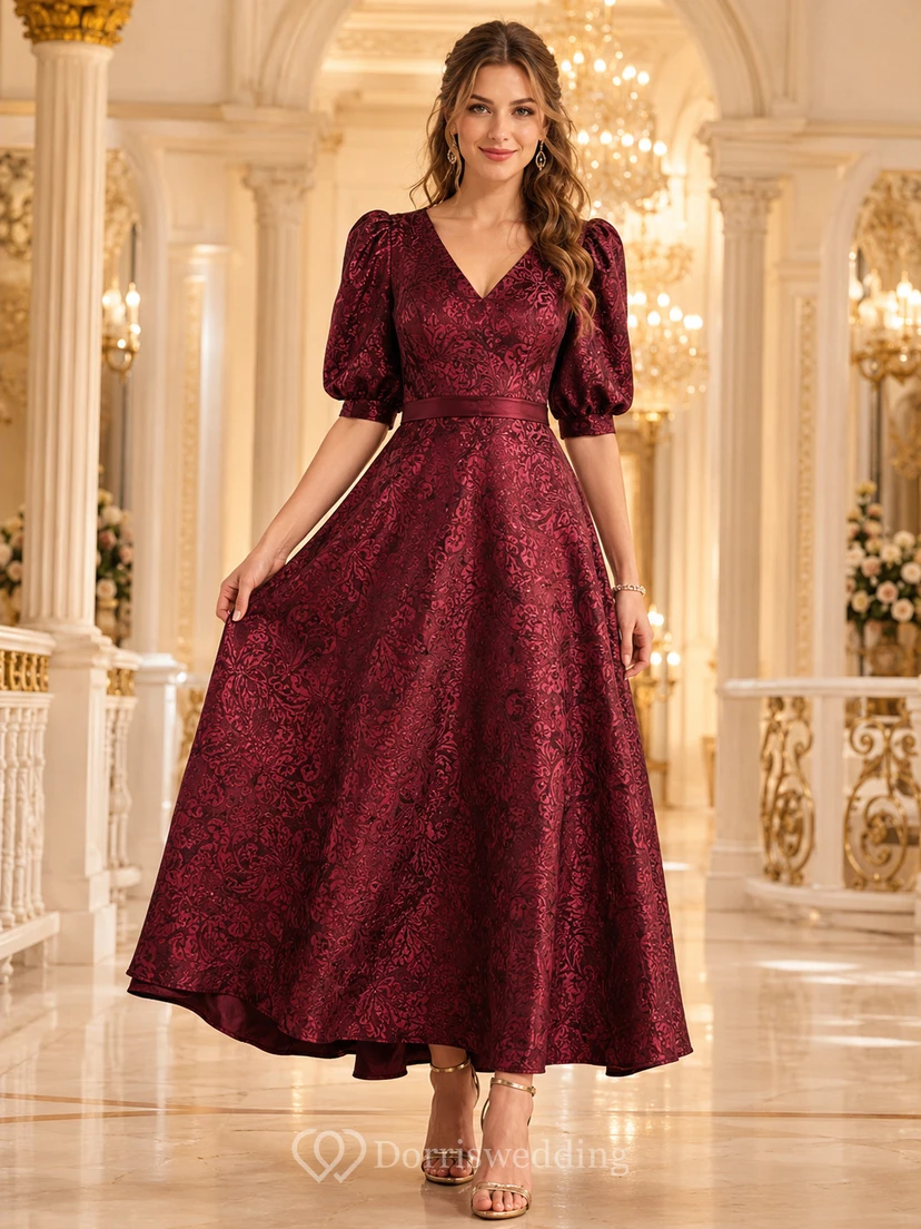 Burgundy V Neck Puff Sleeve Jacquard A Line Guest Dress