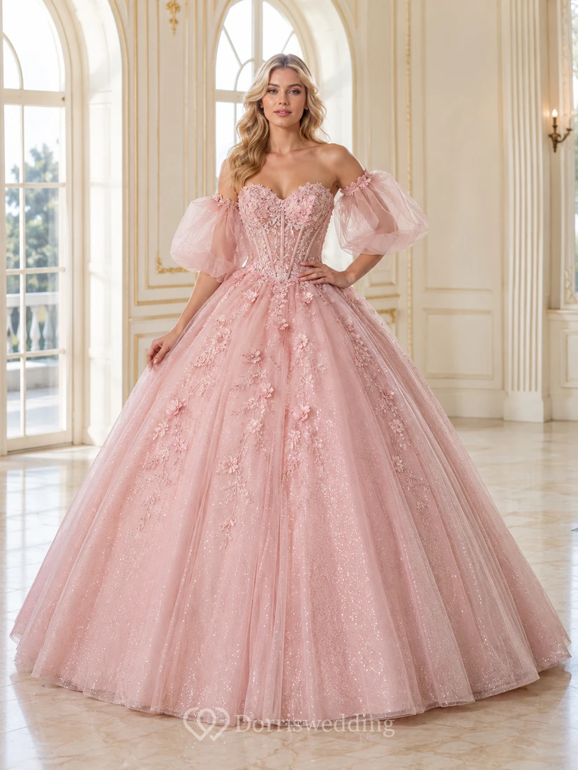 Robe de bal de princesse Quinceañera en tulle pailleté rose poudré luxueux à manches bouffantes amovibles et manches bouffantes amovibles