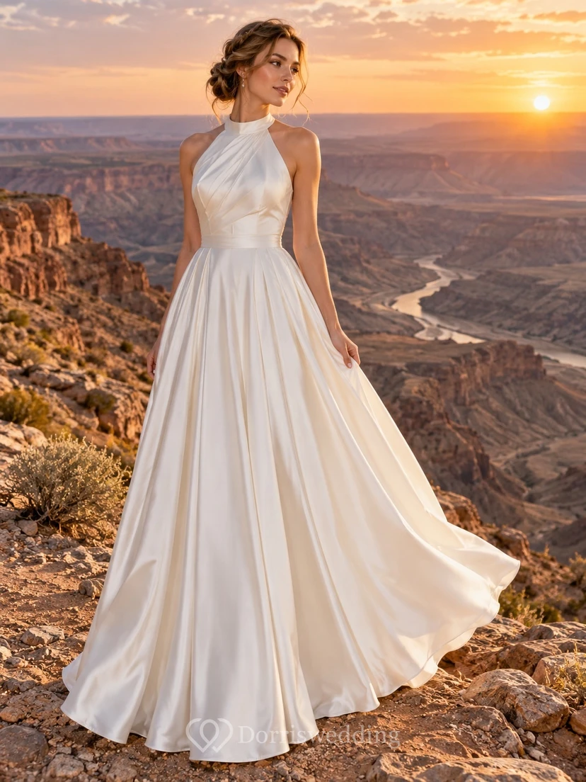 Einfaches Brautkleid aus Satin mit hohem Kragen, Neckholder, A-Linie, gerafftem Oberteil und bodenlangem Rock