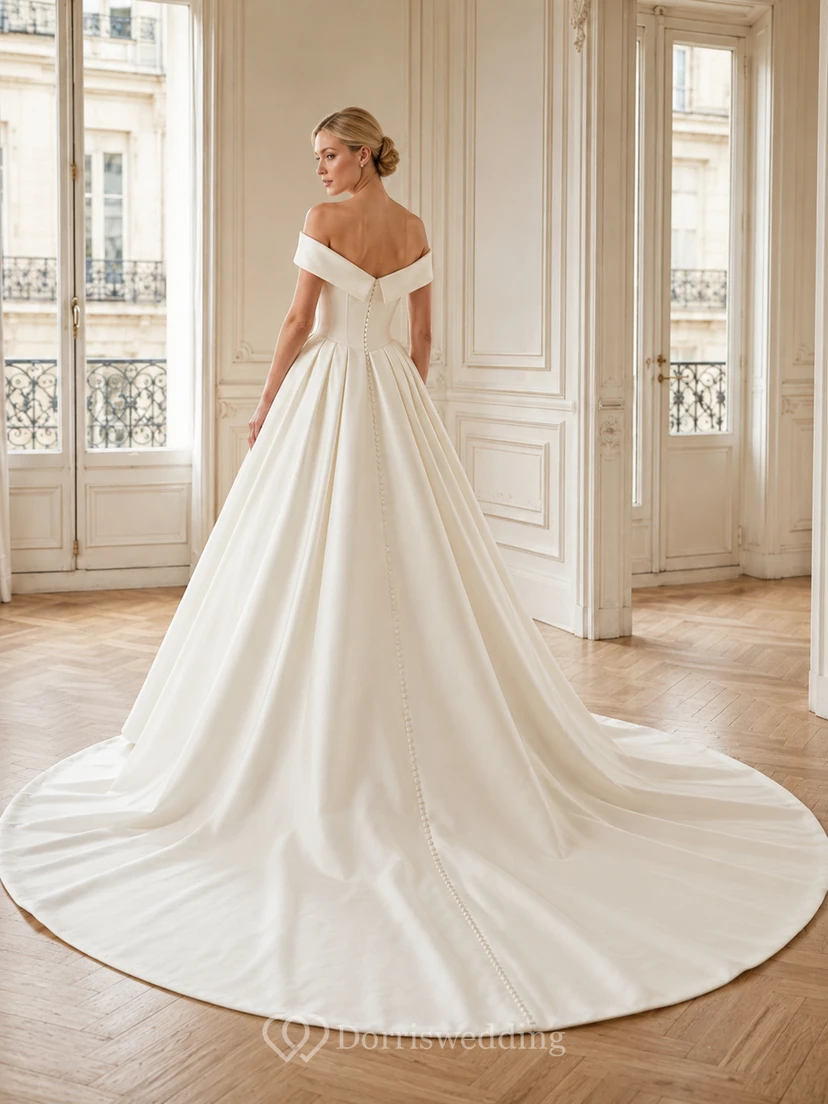Robe de bal classique en satin à épaules dénudées et traîne chapelle view 2