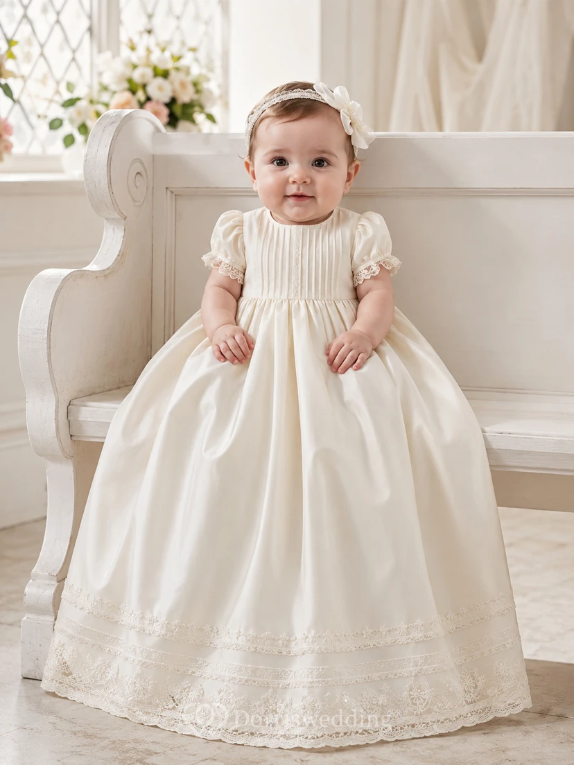 Vestido de bautizo para bebé con corpiño plisado, corte en A, manga corta y dobladillo de encaje.
