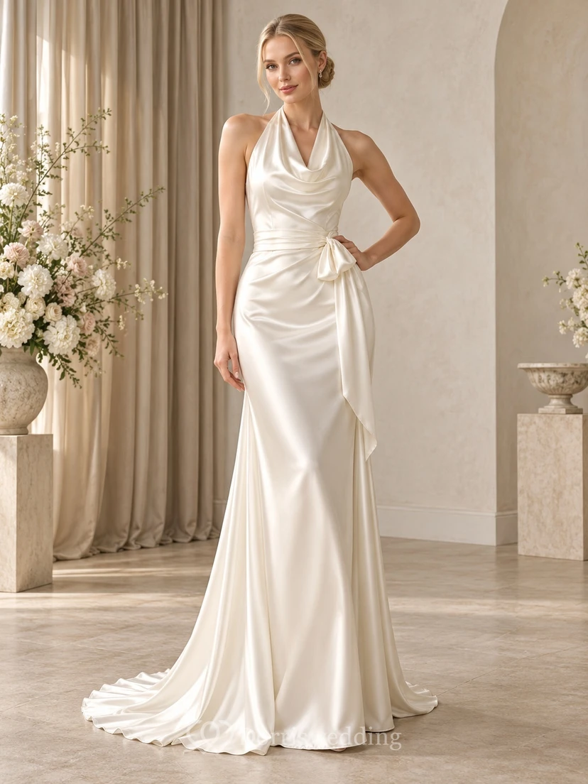 Simple Halter Cowl Draped Satin Sheath Train Wedding Dress