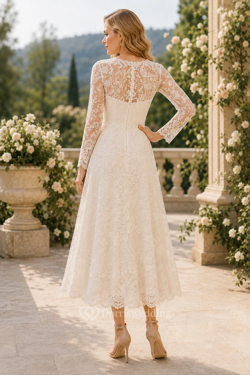 Cocktail Dress Ivory Lace A-Line Bateau Neck Long Sleeve Tea Length view 2