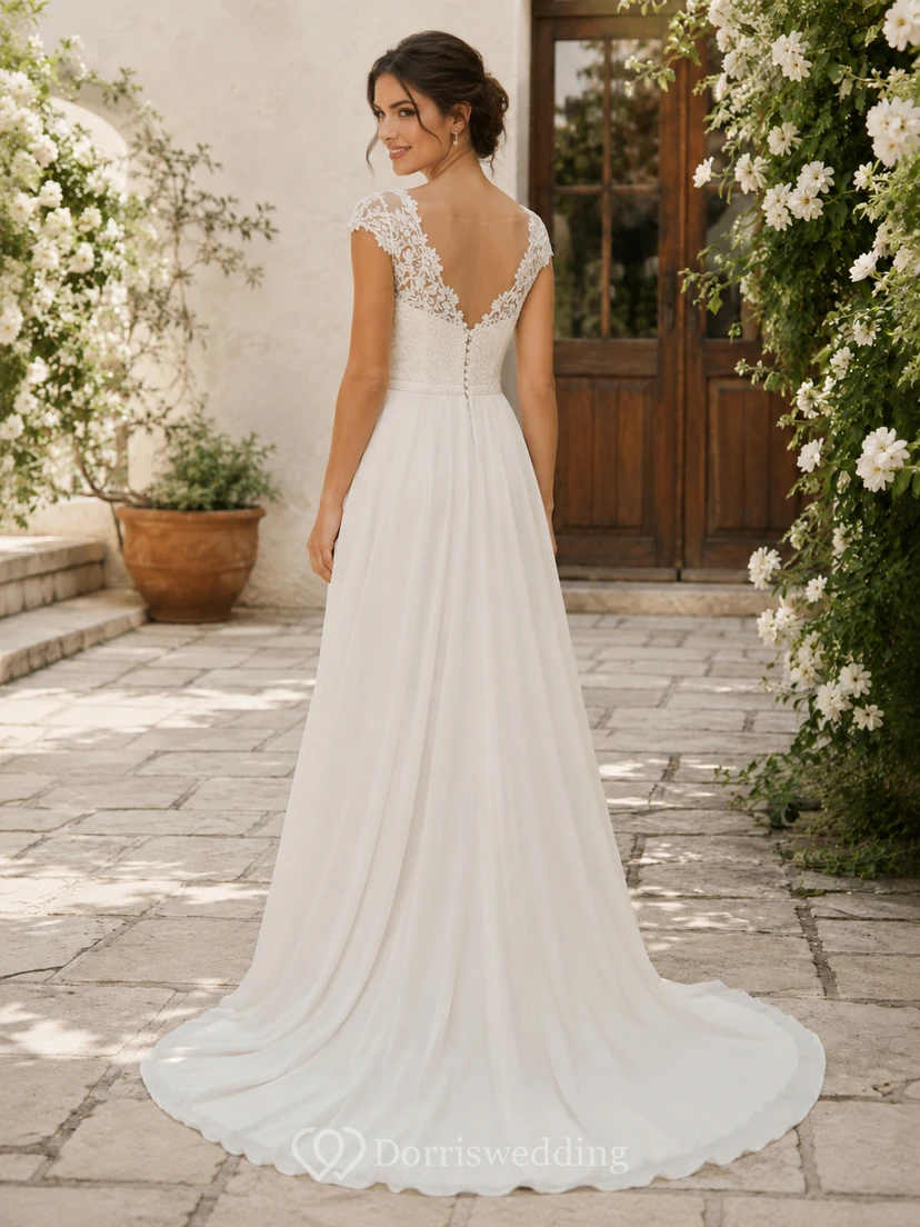 Affordable V Neck Lace Chiffon Wedding A Line Cap Sleeve Court Train view 2