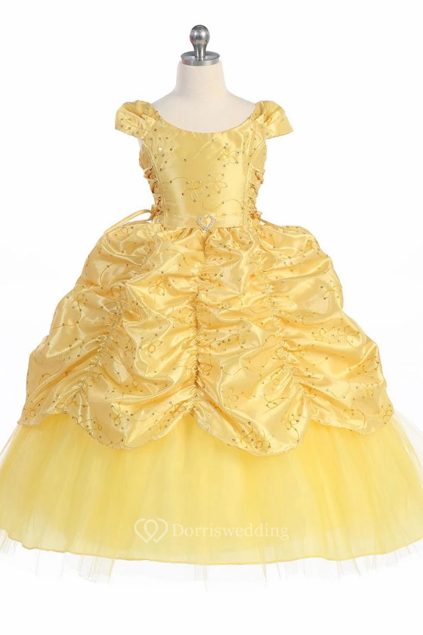 Ankle-Length Tiered Embroideried Lace&Taffeta Flower Girl Dress With Broach