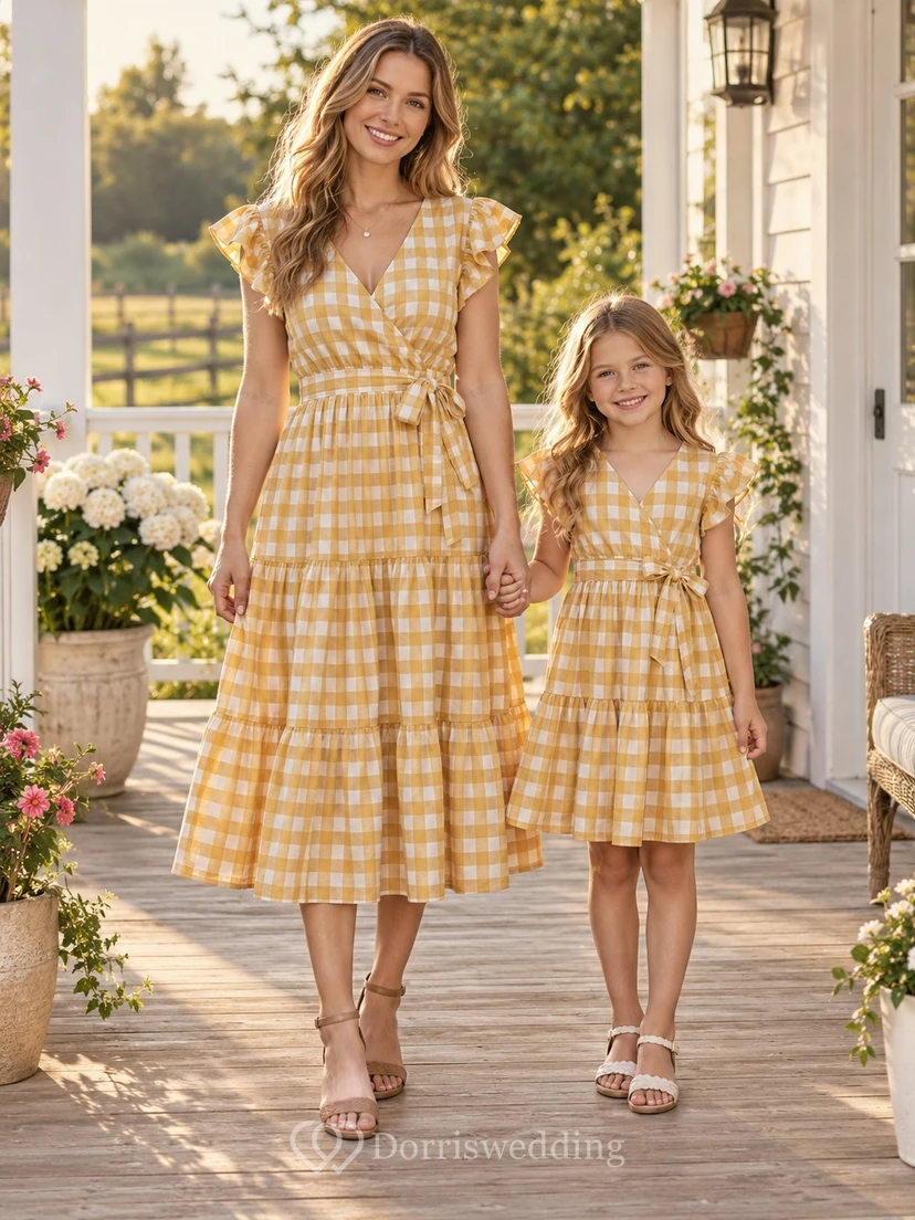Country Tea-length Yellow Gingham V-neck Cap Sleeve Matching Family Dress