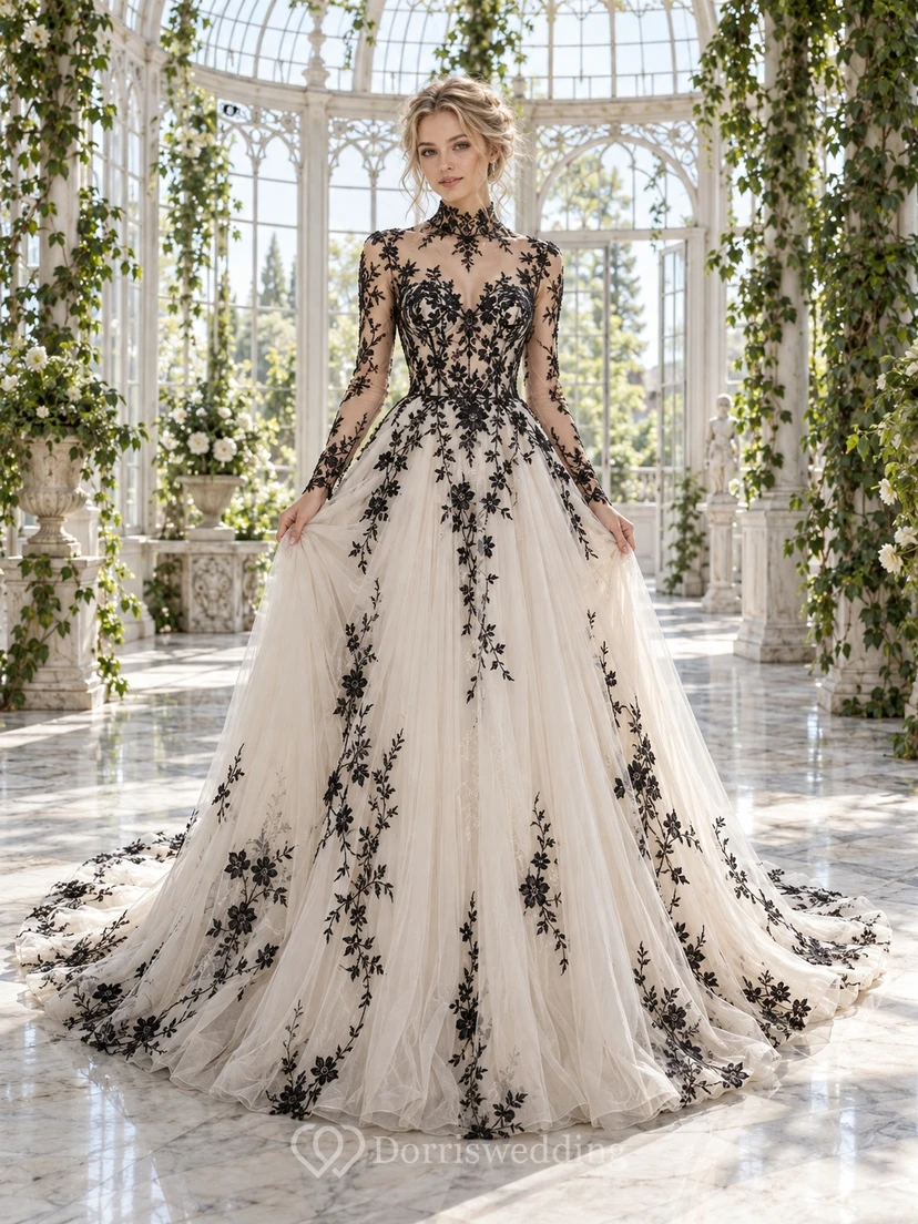 High Neck Long Sleeve Black Floral Tulle Train Wedding Dress