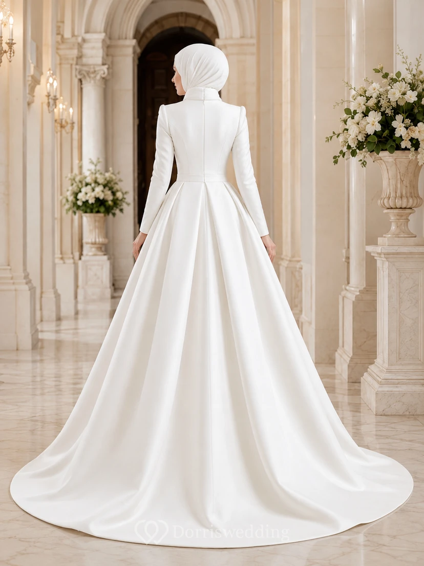 Modest Muslim Long Sleeve Mikado High Neck Ball Gown Wedding Dress view 2