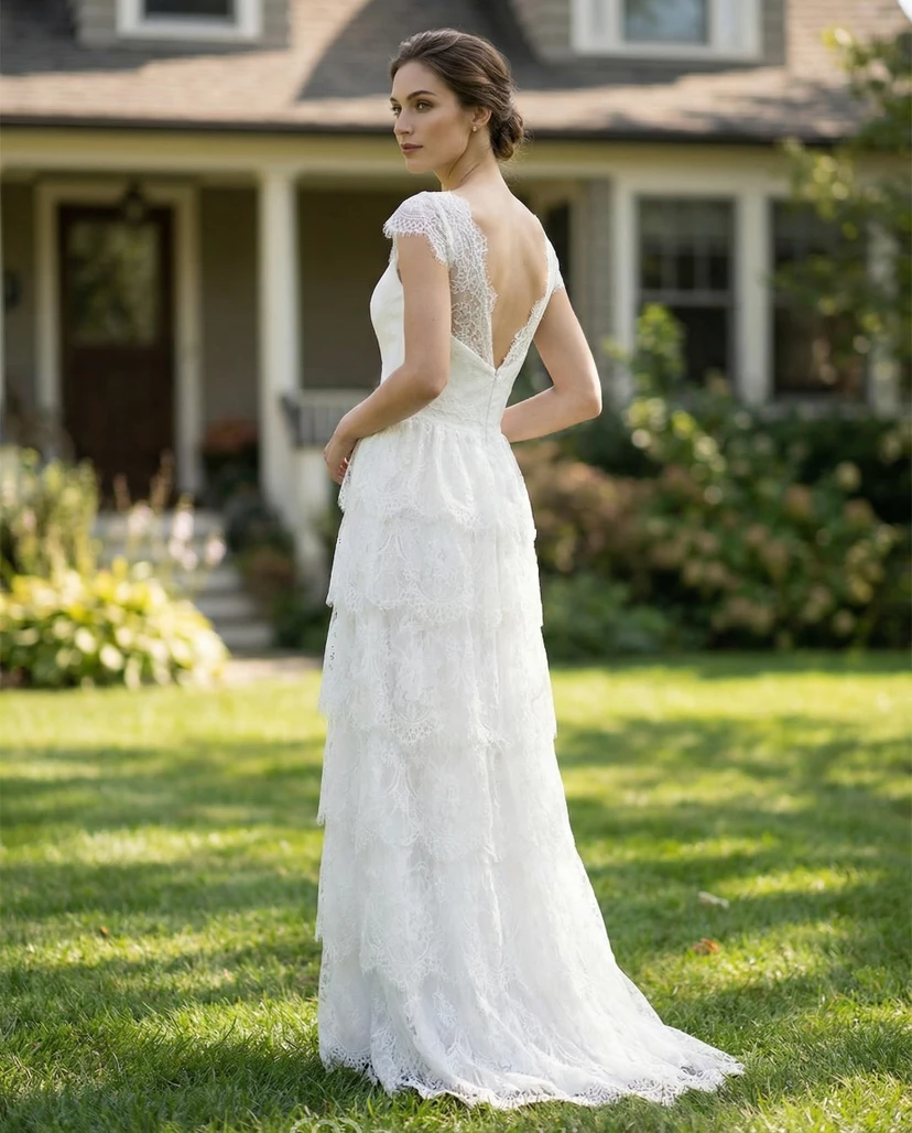 Vestido de novia escalonado con mangas cortas y escote en V pronunciado en la espalda view 2