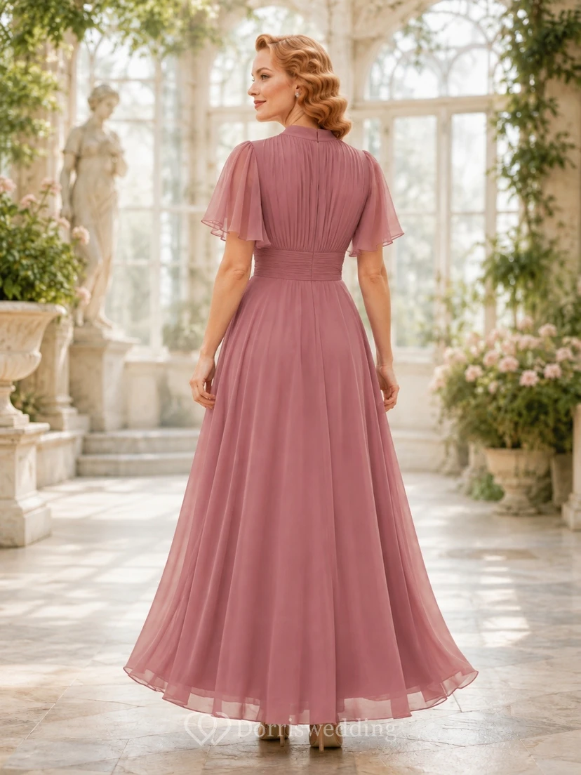 Mauve Vintage Chiffon High-Neck Short-Sleeve A-Line Formal Dress view 2