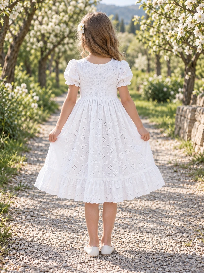 Vestido de niña de flores blanco modesto de corte A con estampado floral, mangas abullonadas y volantes, hasta la rodilla. view 2