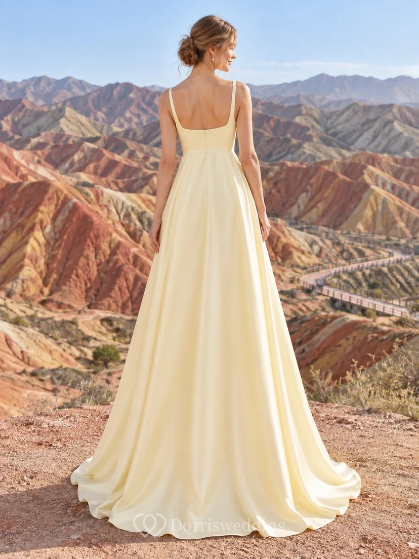 Vestido de novia sencillo de satén sin mangas con escote cuadrado y estampado imperio de narcisos view 2